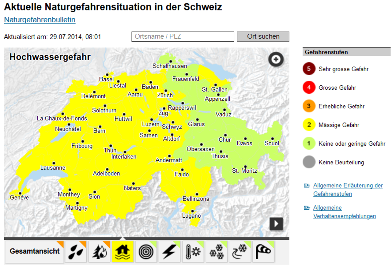 Ausschnitt der Webseite www.naturgefahren.ch