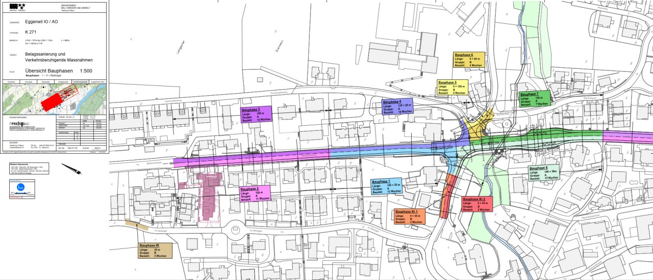 Übersichtsplan der Kantonsstrasse in Eggenwil mit den verschiedenen Bauphasen