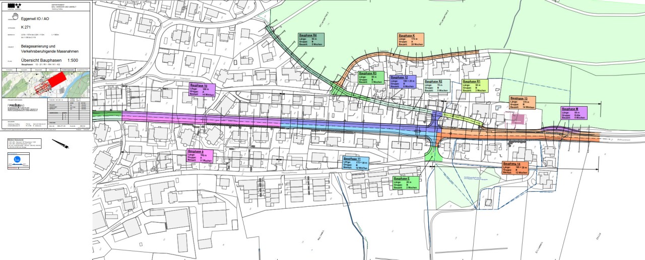 Übersichtsplan der Kantonsstrasse in Eggenwil mit den verschiedenen Bauphasen