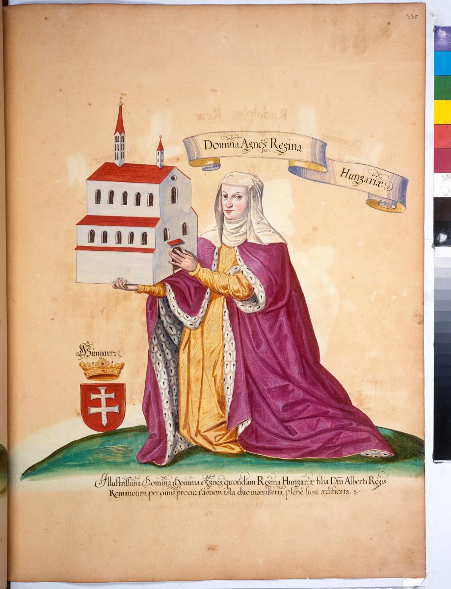 Zeichnung von Frau in gelbem Kleid und pinker Robe, welche ein Gebäude in die Luft hält.