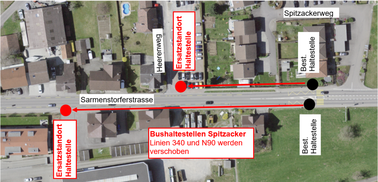 Grafik zeigt Sarmenstorferstrasse in Fahrwangen mit provisorischen Bushaltestellen
