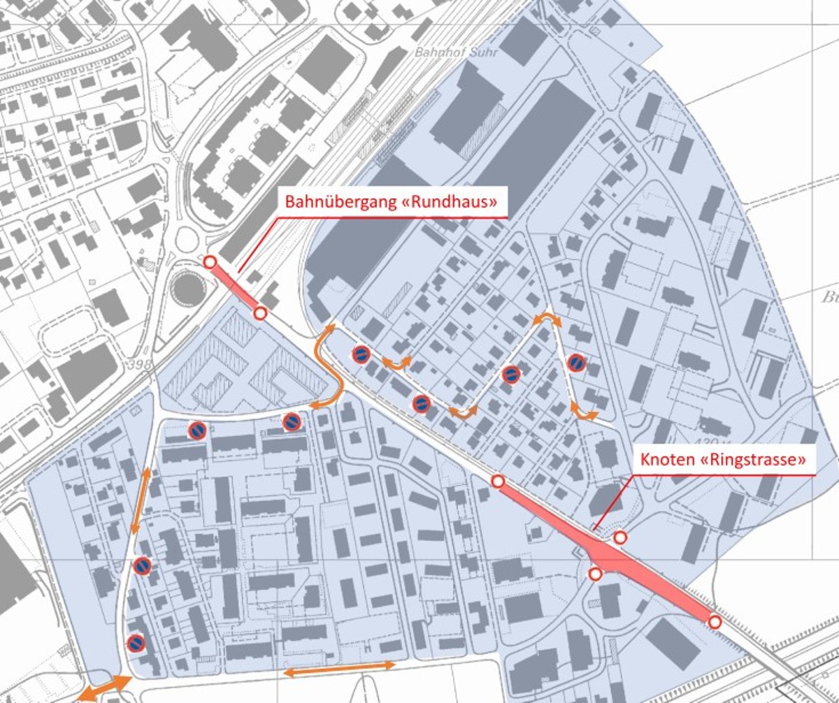 Grafik zeigt die Verkehrs aus den Quartieren in Suhr während den Bauarbeiten
