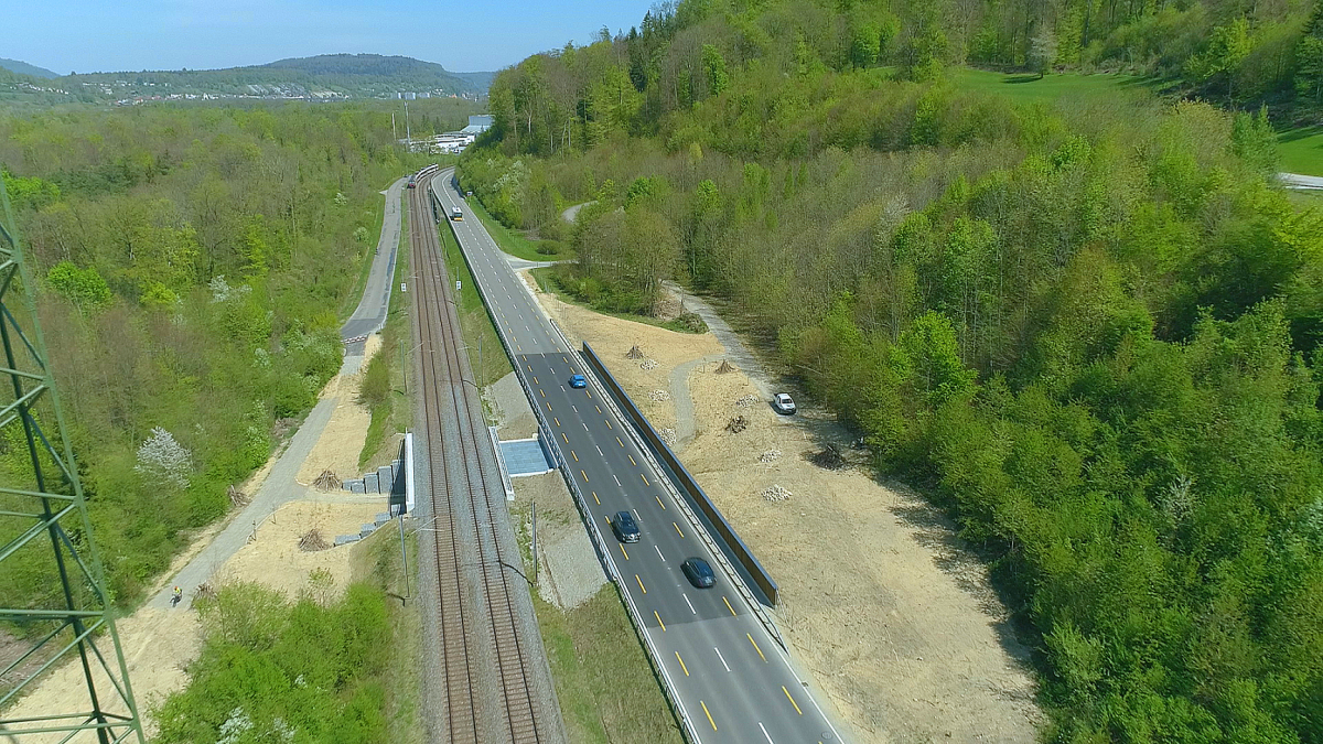 Blick von oben auf die Wildtierunterführung, welche unter der Aarauerstrasse (K 112) und unter der SBB-Strecke verläuft.