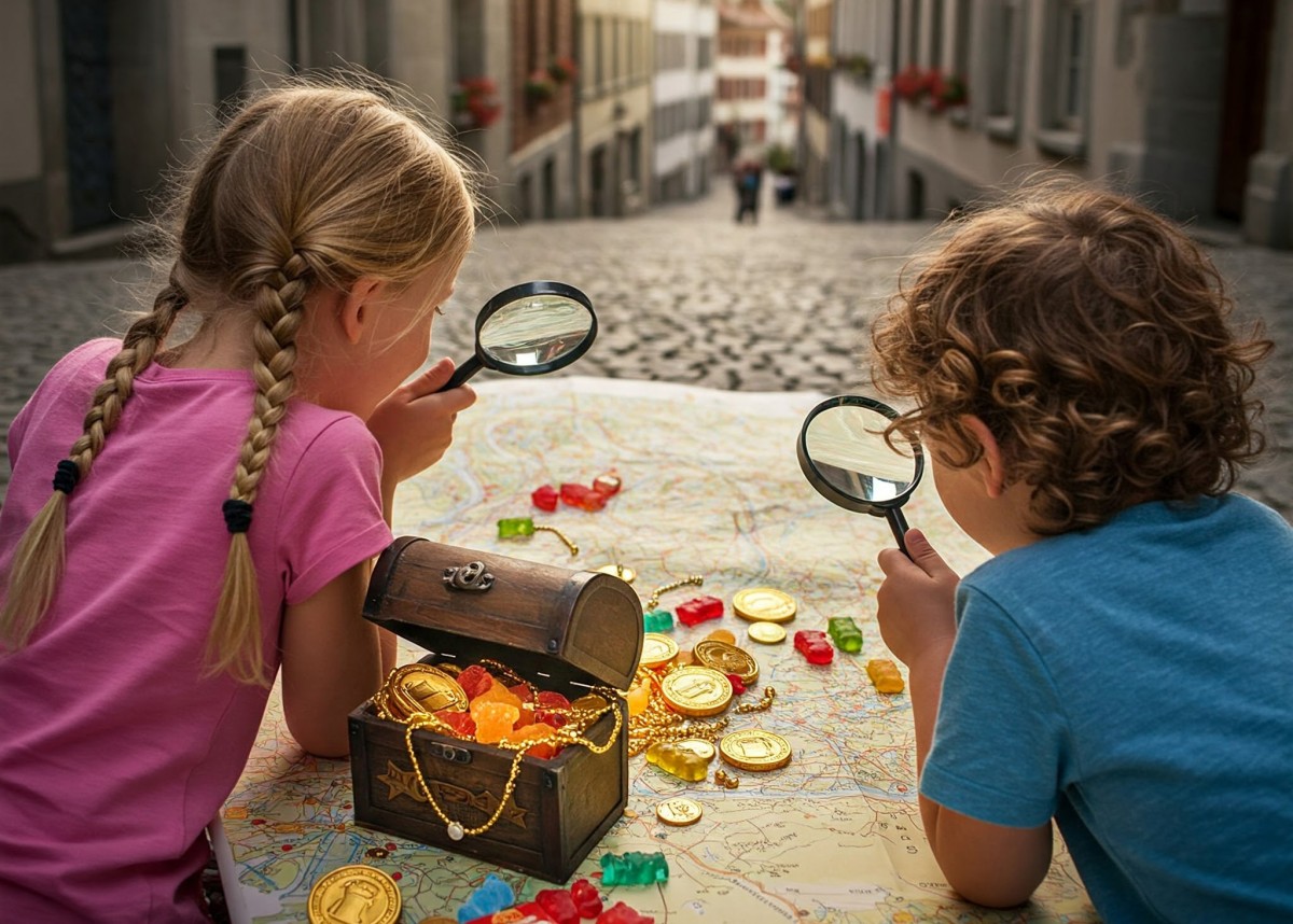 Ein Junge und ein Mädchen halten Lupen in den Händen und schauen auf eine Karte am Boden einer Gasse. Im Vodergrund ist eine kleine Schatzkiste.