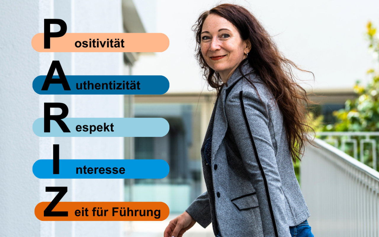 Farbiges Bild einer Frau mit Schrift PARIZ (Positivität, Authentizität, Respekt, Interesse, Zeit für Führung)