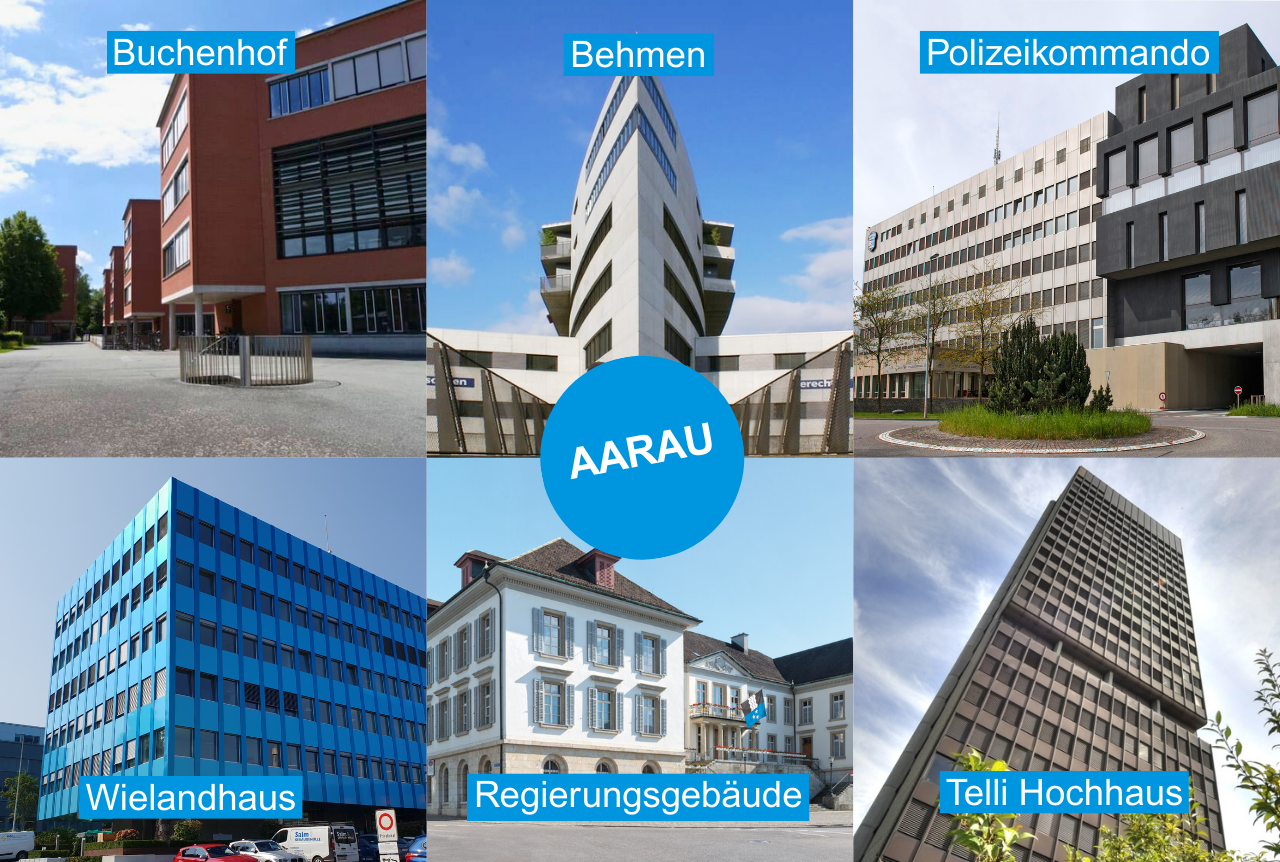 Farbige Bilder von Gebäuden der Standorte Buchenhof, Behmen, Polizeigebäude, Wielandhaus, Regierungsgebäude und Telli Hochhaus in Aarau