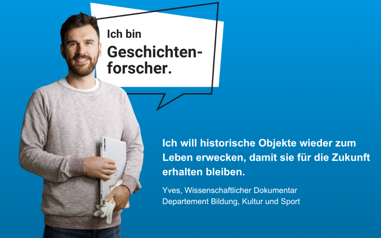 farbiges Bild eines Mannes mit dem Text Ich bin Geschichtenforscher.
