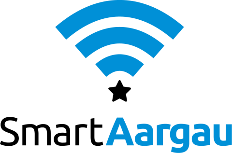 Logo von SmartAargau. SmartAargau ausgeschrieben und oben ein Volles Signal-Zeichen mit dem kleinsten Punkt als Stern.