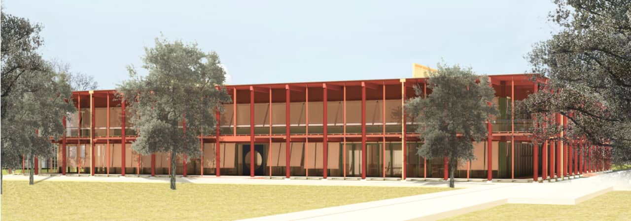 Illustration Neubau Amt für Verbraucherschutz in Unterentfelden. Rote Säulen in regelmässigem Abstand. Leicht wirkender Bau mit flachem Dach.
