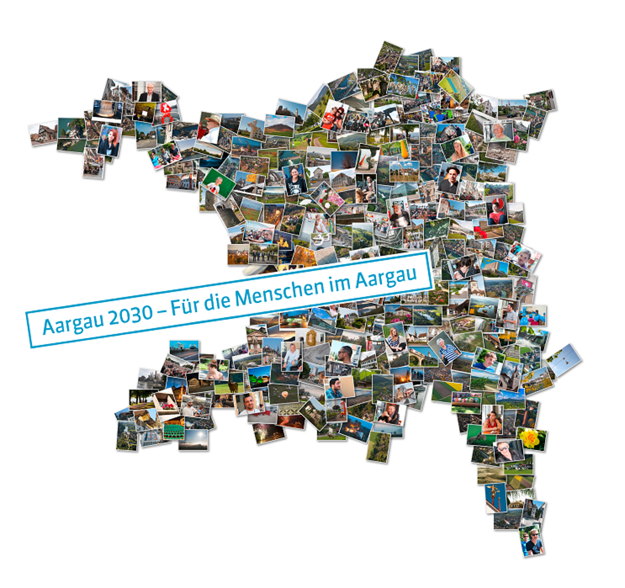 Collage mit verschiedenen Fotos, die zusammen den Umriss des Kantons Aargau bilden. Darüber der Schriftzug "Aargau 2030 - für die Menschen im Aargau"