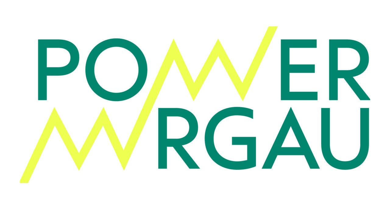 Logo Power Aargau. Das W und die beiden A von Aargau sind gelbe Blitze