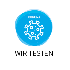 Bildmarke "WIR TESTEN": Coronavirus-Symbol auf blauem Hintergrund
