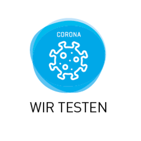 Bildmarke "WIR TESTEN": Coronavirus-Symbol auf blauem Hintergrund
