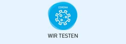 Bildmarke "WIR TESTEN": Coronavirus-Symbol auf blauem Hintergrund