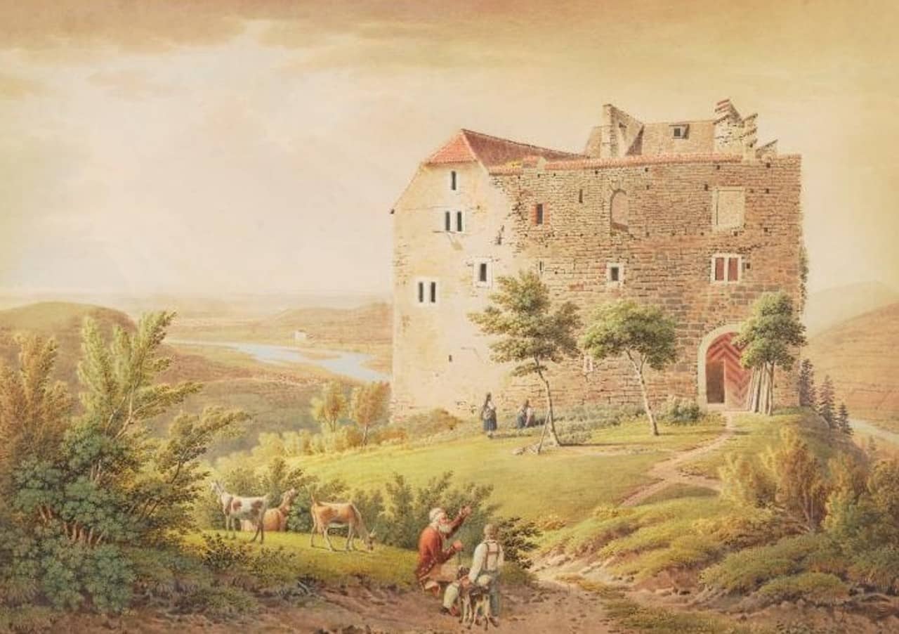 Habsburg, die hintere Burg, Blick von Osten, Aquarell Lory, Gabriel fils, 1828.