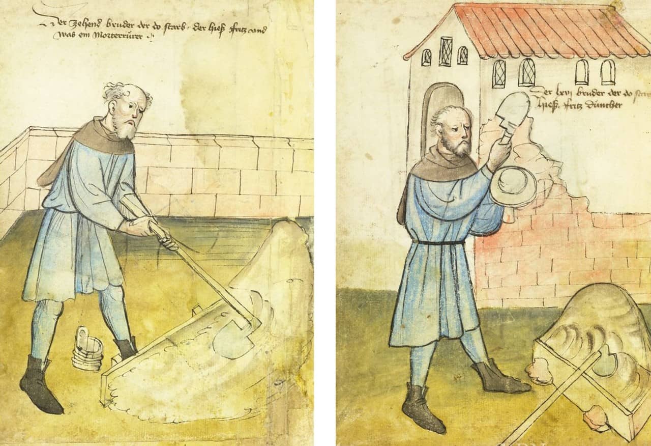 Links: Mörtelrührer mit Speishaue (Mörtelspaten), Wassereimer und Stützbrett; rechts: der frische Verputz wird mit der Kelle aufgebracht, in der linken Hand ein Mörtelbrett (Taloche) mit kleinem Vorrat (lavierte Federzeichnungen um 1425, Die Hausbücher der Nürnberger Zwölfbrüderstiftungen.)