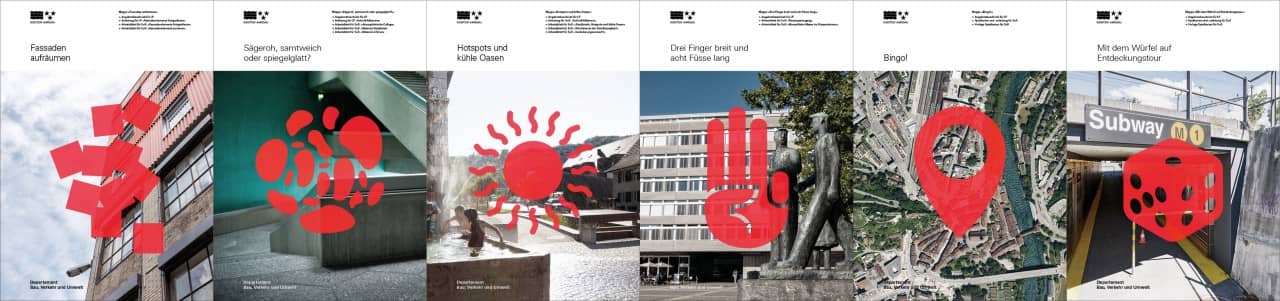 Titelseiten der 6 Vermittlungsangebote im Koffer Raumwahrnehmung.