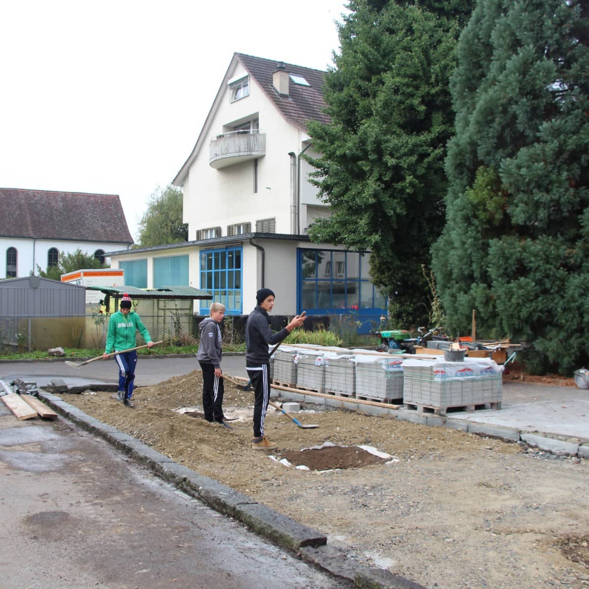 Eine Gruppe von Schülern hebt die Pflanzlöcher für die neuen Bäume aus