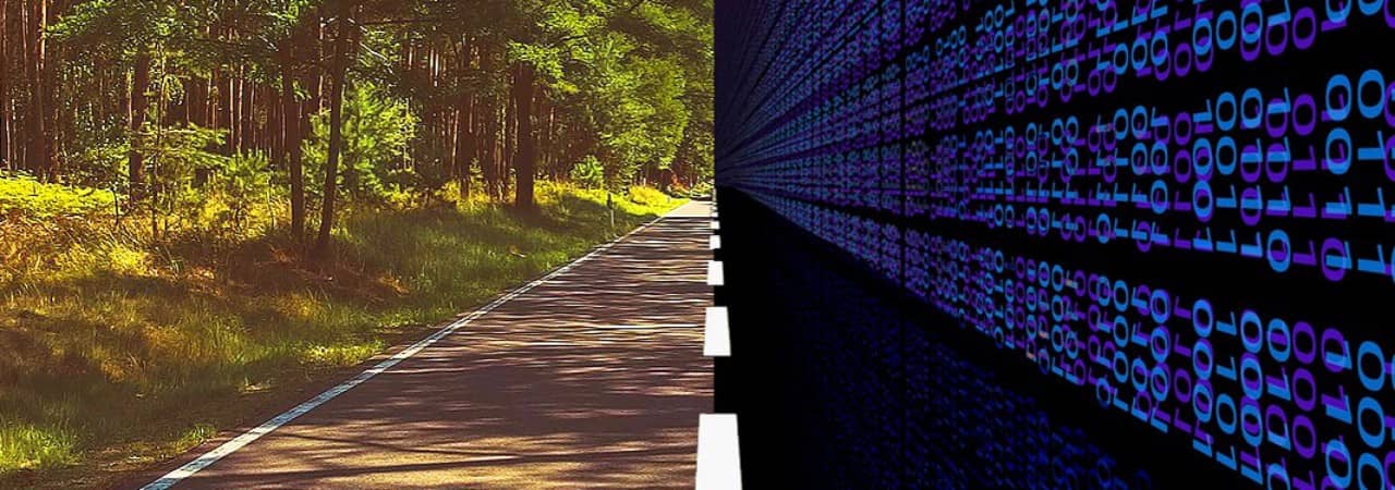 Symbolbild BIM - Links eine Strasse und rechts ein Symbol für Digitalisierung.